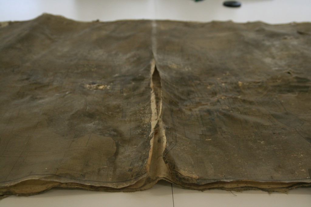 Before conservation work. The map was brittle, dark, mouldy, and peppered with small tears and holes.