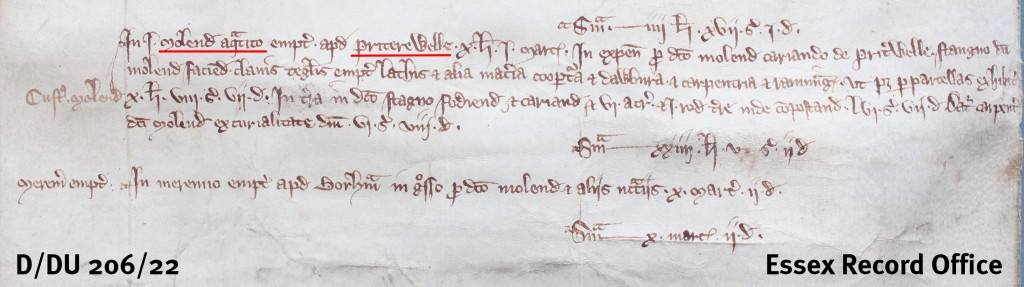 Extract from the compotus for the manor of Terling, 1328-1330 (D/DU 206/22), which records the purchase of a watermill [molend’ aquatic] from Prittlewell [Priterewelle] to be moved to Terling.