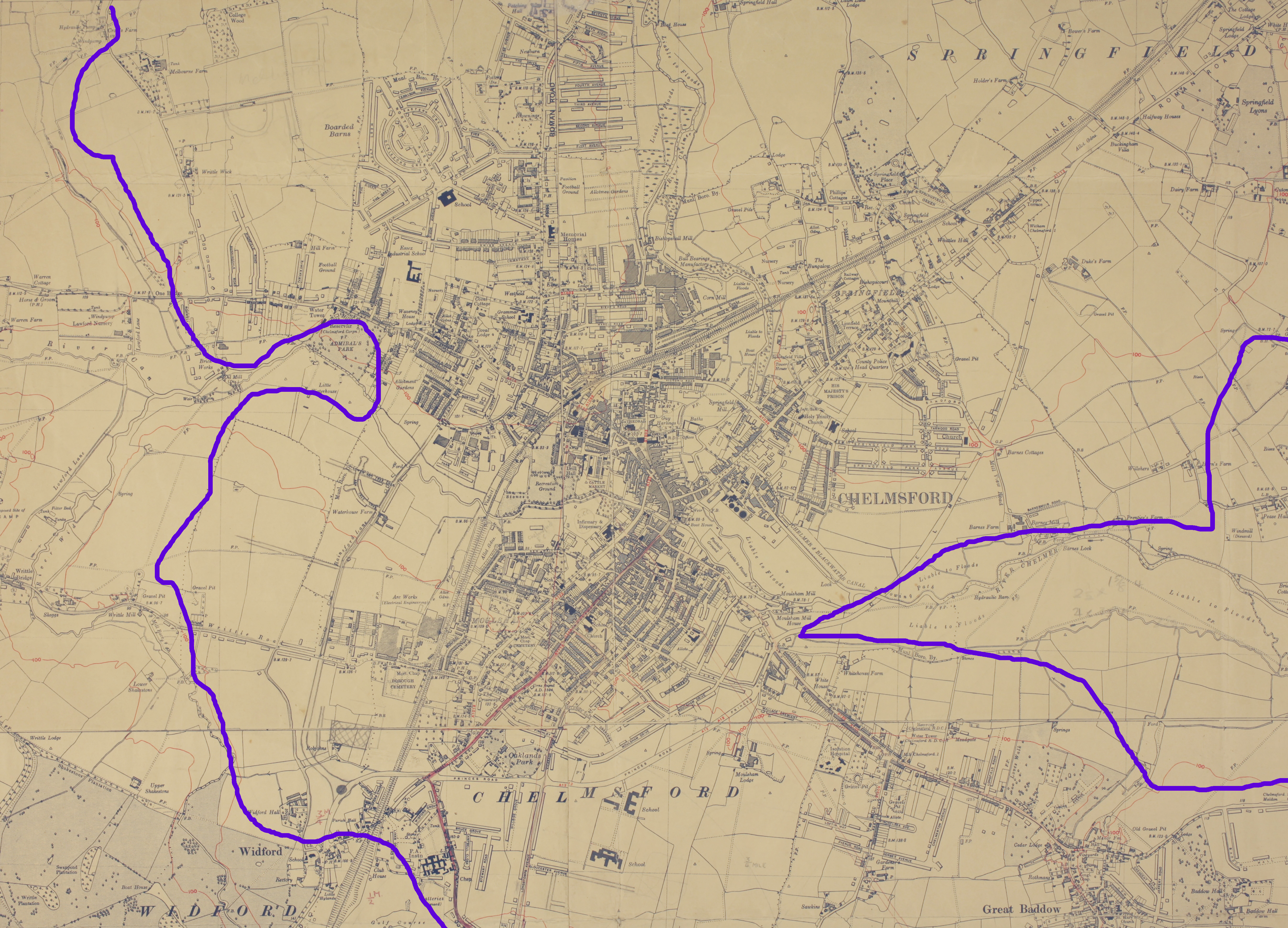 Ordnance Survey 6":1 mile map of Chelmsford, 1919 with 1938 revisions