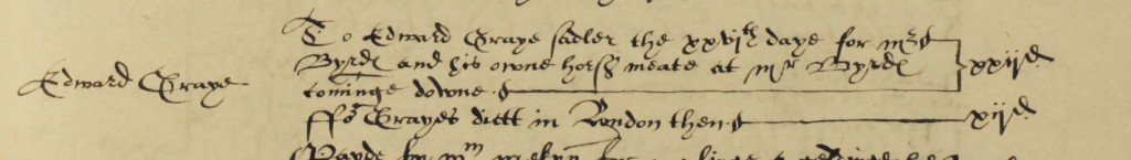 Account book showing William Byrd being fetched to Ingatestone Hall over Christmas 1589 (D/DP A21)