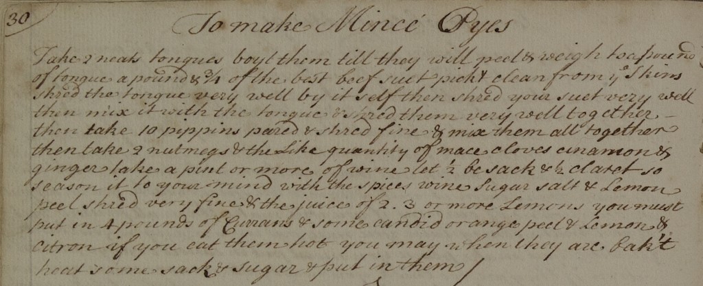 Elizabeth Slany's recipe for mince pies, including boiled ox's tongues (D/DR Z1)