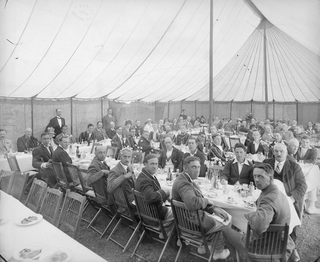 We shouldn't forget the social side of cricket - this meal as part of a game between Essex and Oxford University in 1927 was complete with uniformed servants (D/F 269/1/4744)