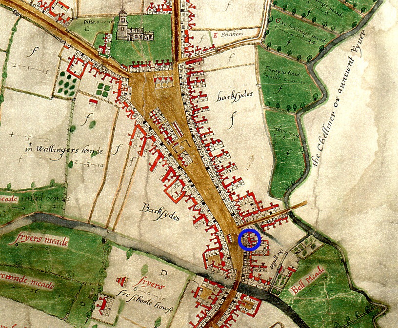 Extract from John Walker's map of 1591 showing the Boar's Head