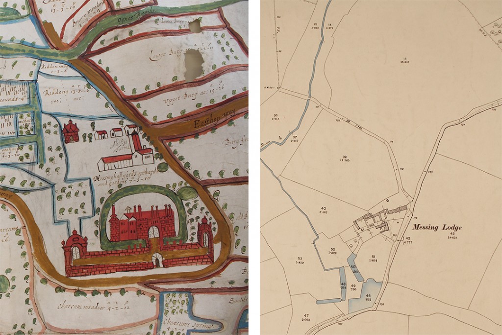 Portion of the 1650 map showing Messing Hall compared with 1897 map showing Messing Lodge