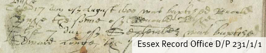 Baptism entry for Reynold Bush, 17 August 1600, in the Feering parish register. Could this be the Reynold Bush who emigrated to America in 1631?