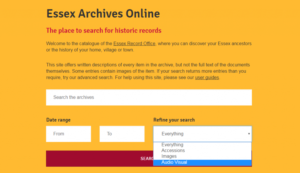 Screenshot showing option to find a-v material on Essex Archives Online