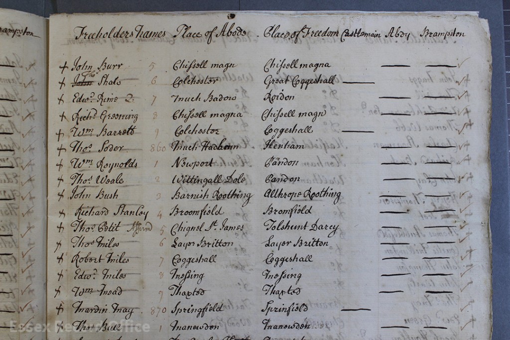 A page from the 1734 poll book. Electors seem to be recorded in the order they turned up to vote. Their name is recorded, along with where they lived, where they held land that qualified them to vote in Chelmsford, and the votes that they cast.