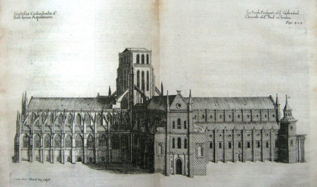Drawing of the north side of exterior of old St Paul's Cathedral