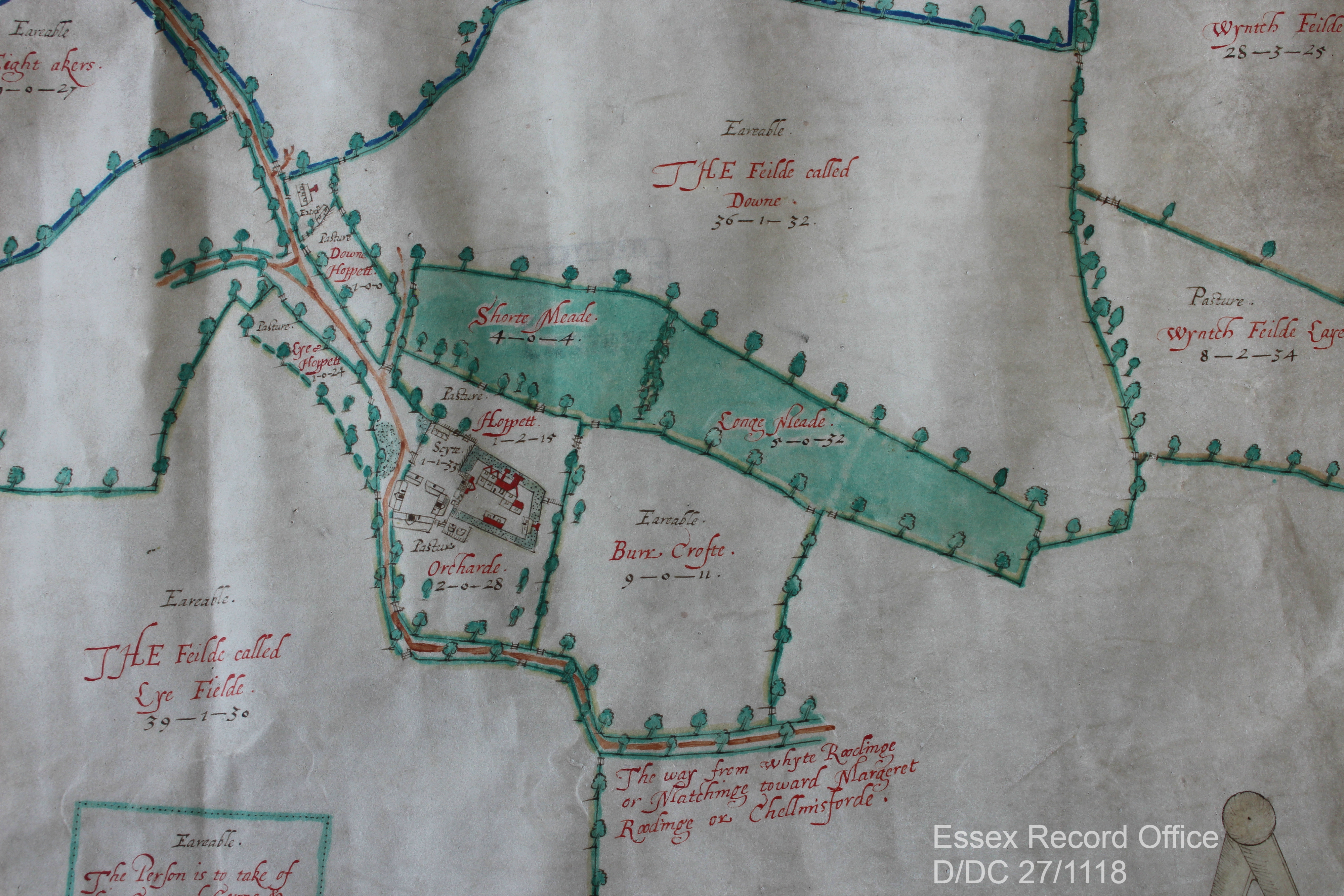 Part of 1609 map of White Roding showing meadowland