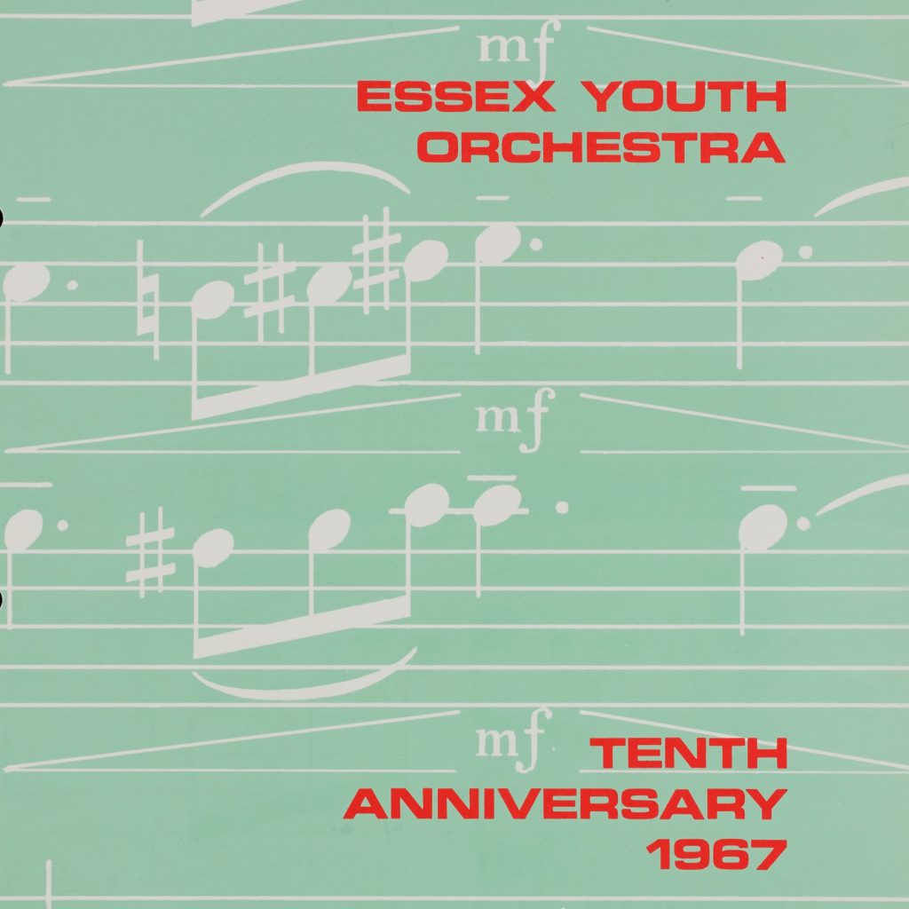 Front cover of concert programme. White musical score on teal background with 'Essex Youth Orchestra, Tenth Anniversary 1967' in red writing.