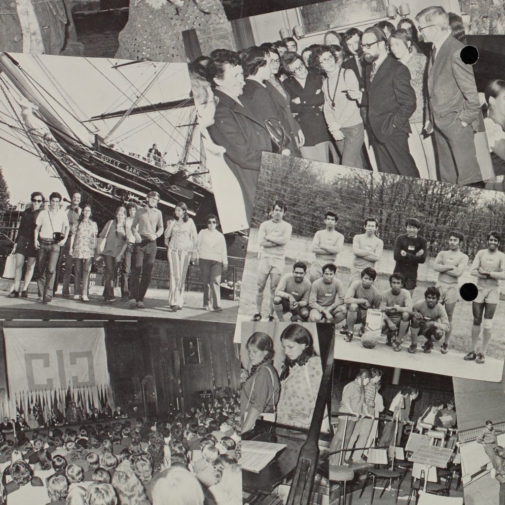 Collage of black and white photographs of the Essex Youth Orchestra in concert and on outings.