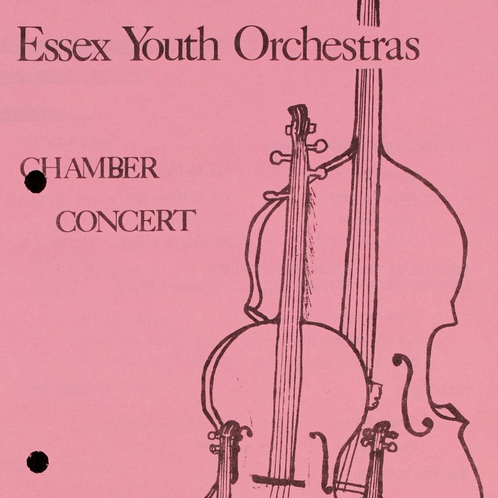 Front of concert programme in pink with 'Essex Youth Orchestra Chamber Concert' and illustration of a double bass and cello.