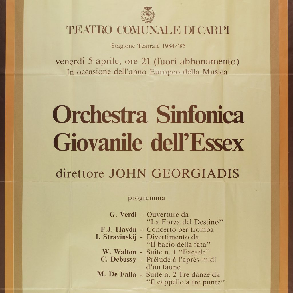 Poster in yellow with orange and brown border. 'Orchestra Sinfonica Giovanile dell'Essex' printed in centre.