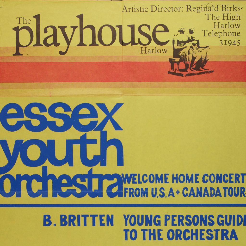 Yellow and red concert poster with the Playhouse logo and 'Essex Youth Orchestra' in blue writing.