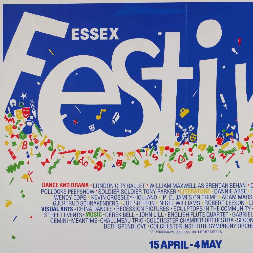 Blue poster with 'Essex Festival' in white writing, colourful confetti, and list of performances.