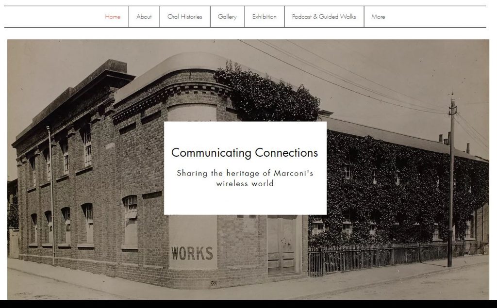 A screenshot of the homepage of the project website. The project title is on a background of a photograph of a Marconi factory, with the menu above.