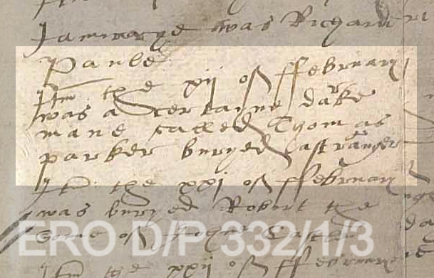 Image of a baptism record in a parish register in secretary hand, with the relevant text highlighted. The text reads: "a certayne dark mane called Thomas Parker". 