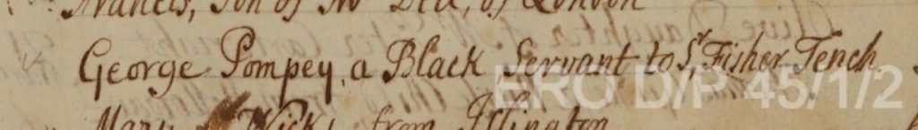 Image of a handwritten burial record in a parish register. The text reads: "George Pompey, a Black Servant to Sir Fisher Tench".