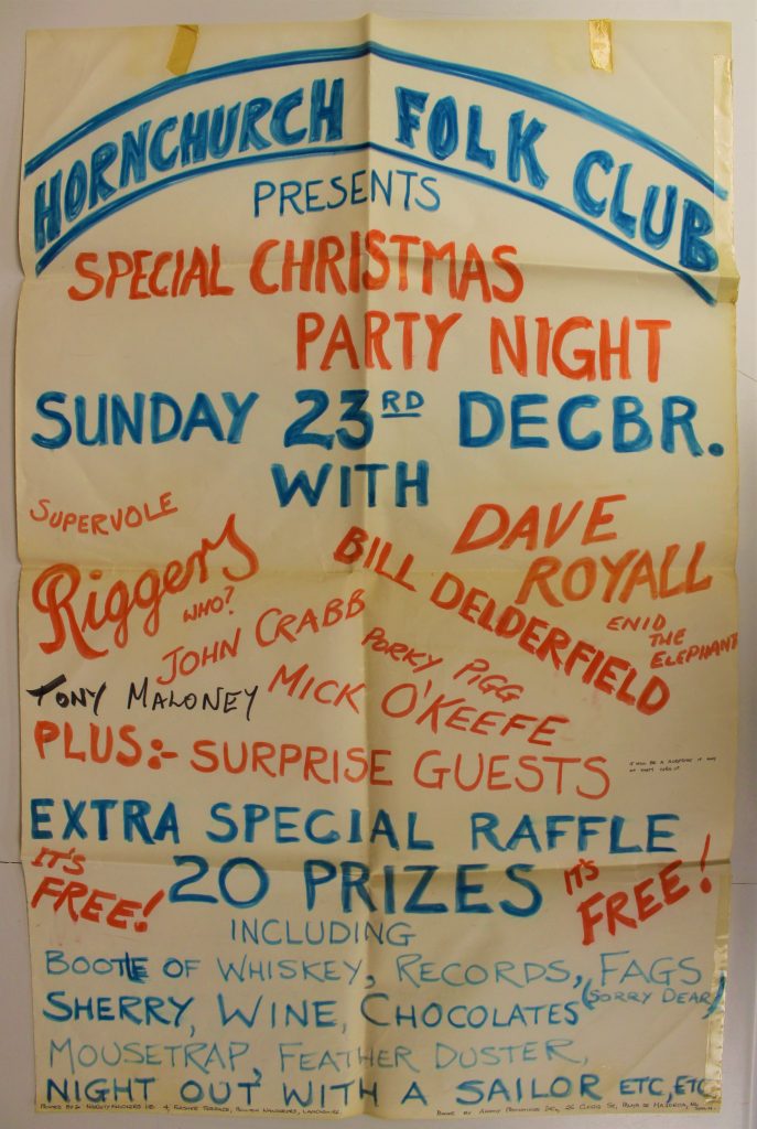 Hand-illustrated poster for Hornchurch Folk Club. The text is in blue and orange on a cream background. It reads 'Hornchurch Folk Club presents Special Christmas Party Night Sunday 23rd Decbr' and lists some of the artists involved.