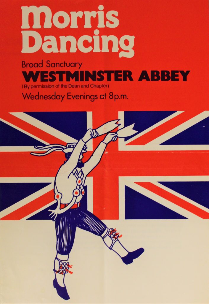 Poster for Morris Dancing at Westminster Abbey. The top section features the text in white and black on a red background. The bottom section features an illustration of a Morris dancer on a background of a Union Jack.