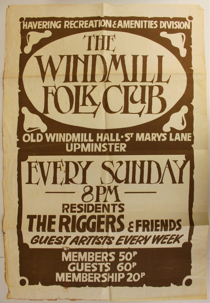 Poster for 'The Windmill Folk Club' at Old Windmill Hall, Upminster. The poster is a relatively simple design in cream and brown.
