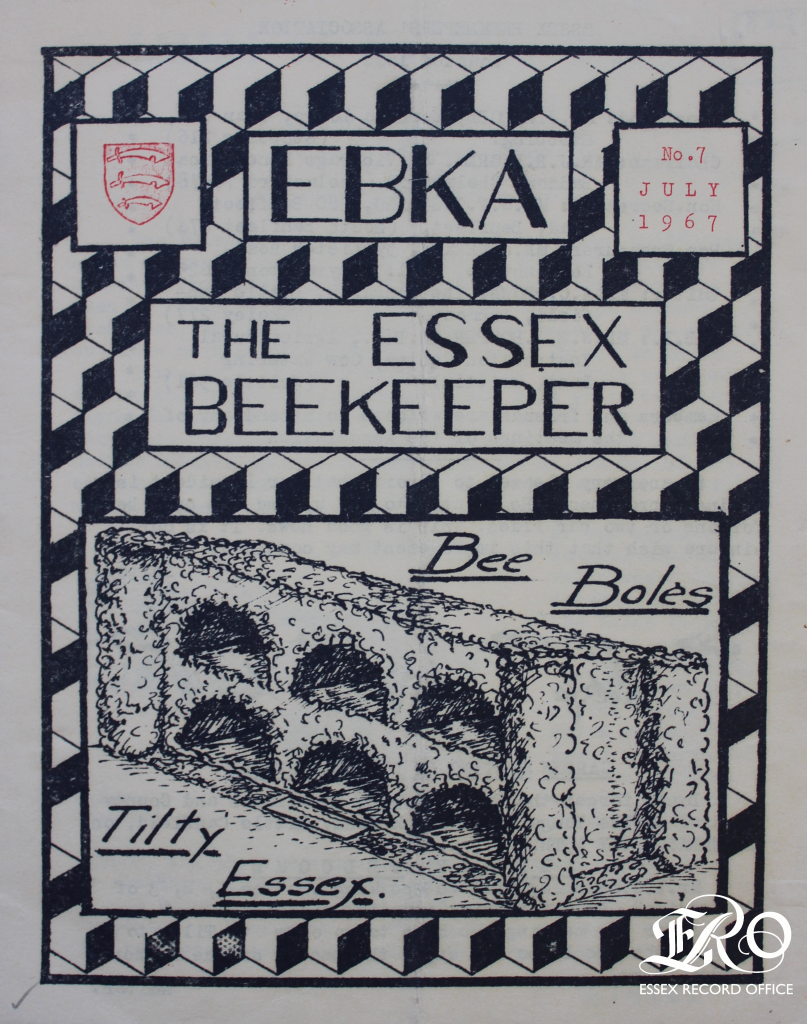 EBKA and The Essex Beekeeper handwritten in capitals with black ink, above a black and white drawing of the Tilty bee bole with six recesses, in two rows of three, all in boxes surrounded by a black and white 3d cube design