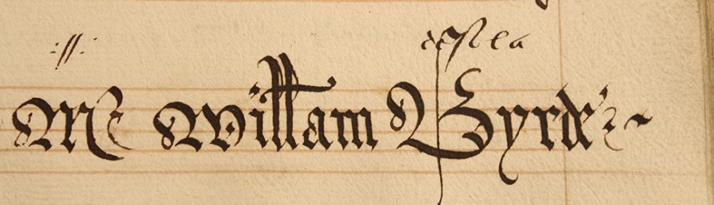 Detail of music score, with the name 'William Byrd' handwritten in the bottom right corner.
