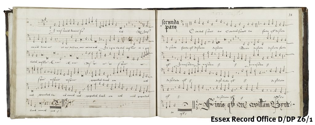 Open leather-bound book, showing a music score with text below. William Byrd's name is written in elaborate writing at the end.