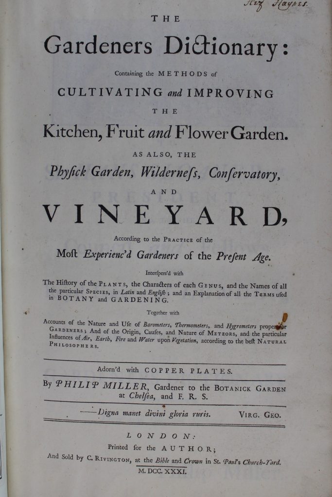 Title page of Philip Miller’s Gardeners Dictionary. (ERO, D/DU 588/1) 