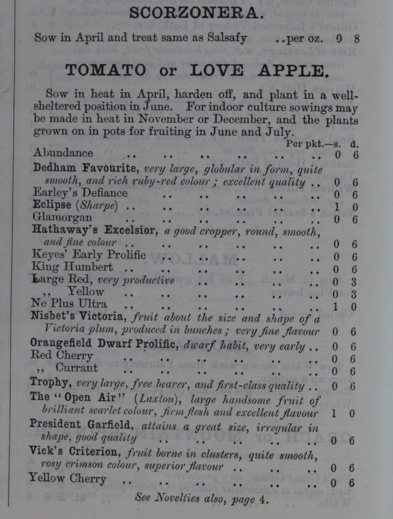 The tomato varieties sold by Cramphorns in 1898, including the Dedham Favourite. (ERO, A10506 Box 7)