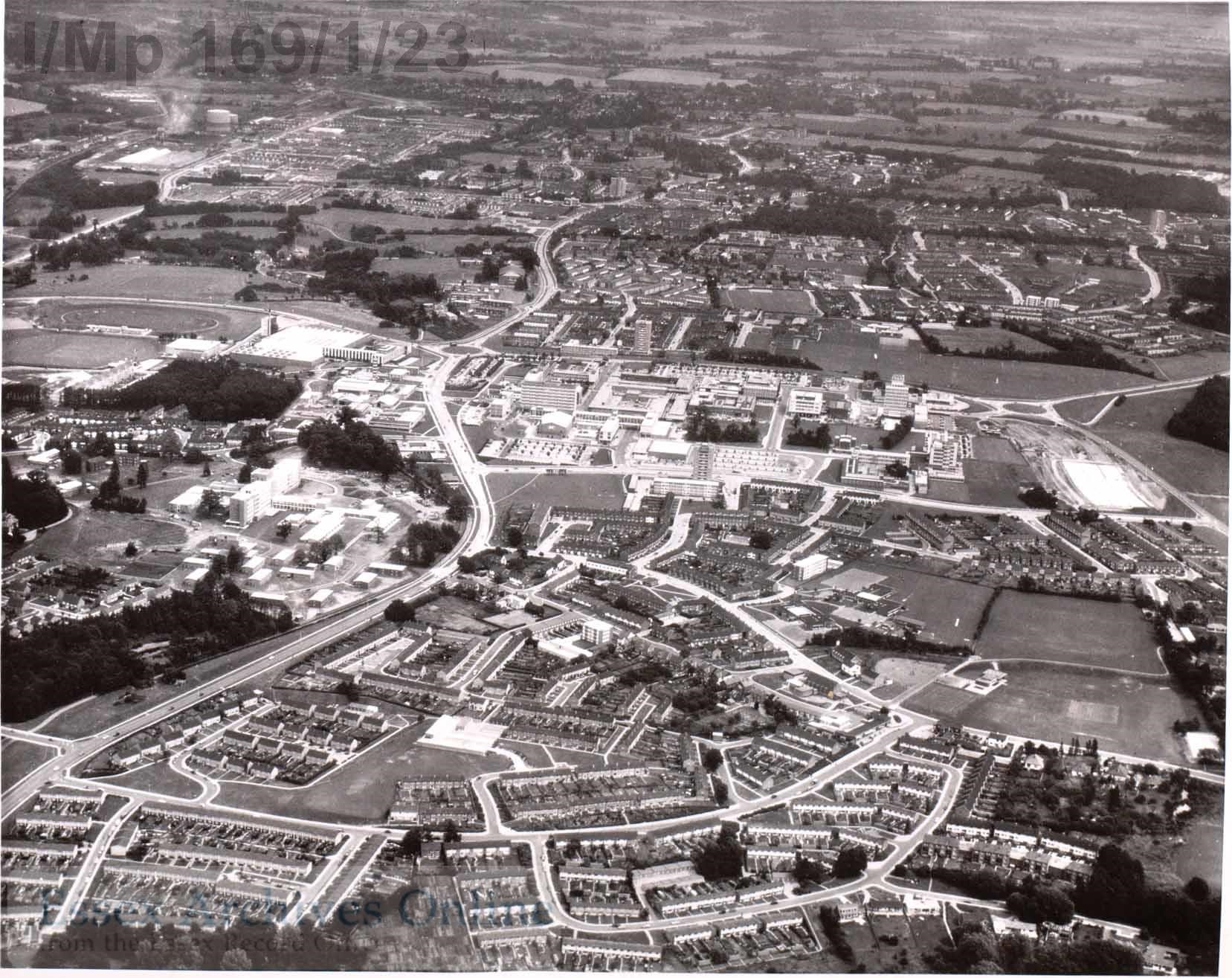 Black and white aerial view of Harlow New Town