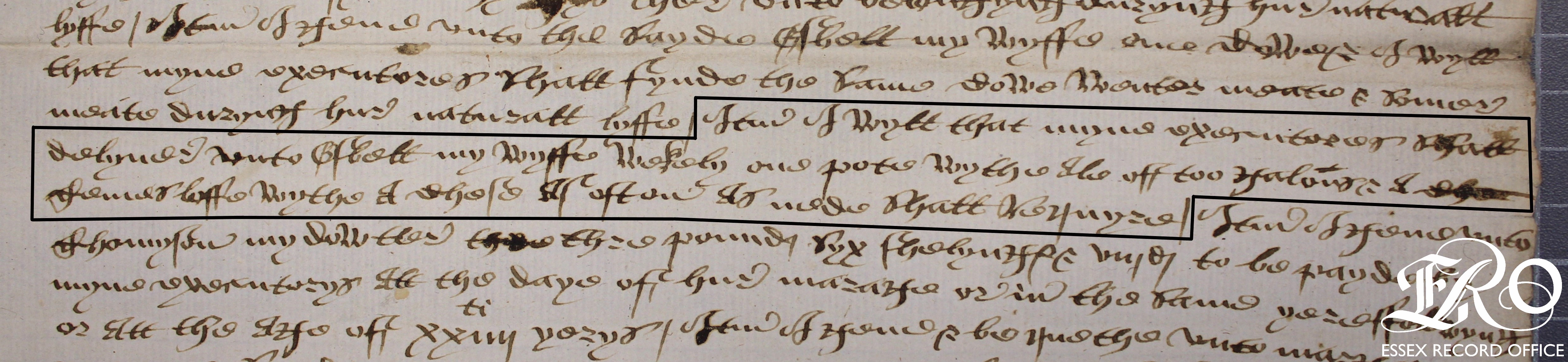 Close up of manuscript. Black ink on paper, secretary hand, sentence concerning temes loaf outlined in black